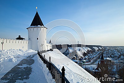 The walls of the Tobolsk Kremlin and a view of the lower part of the city of Tobolsk. Editorial Stock Photo