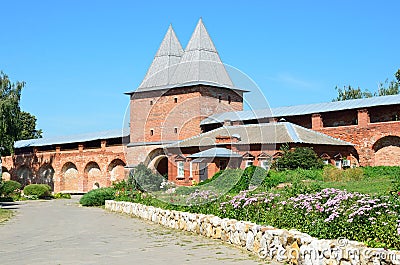 The walls and towers of the ancient Zaraysk Kremlin in sunny day. Russia, Moscow region Editorial Stock Photo