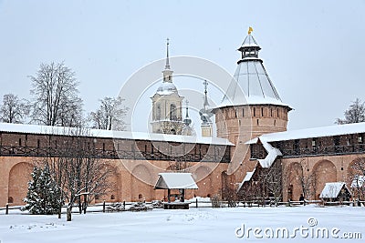 Walls and Towers of Savior Monastery in Heavy Snowfall Stock Photo