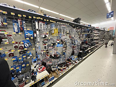 Walmart retail grocery store interior Christmas Eve messy tool area Editorial Stock Photo