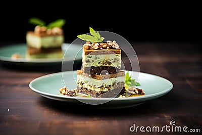 walnut brownies stacked with mint leaf garnish Stock Photo