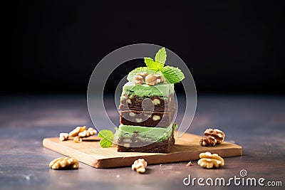 walnut brownies stacked with mint leaf garnish Stock Photo