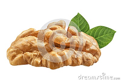 Walnut isolated closeup on white background with clipping path. Nut macro. Walnuts with leaf as package design element collection Stock Photo