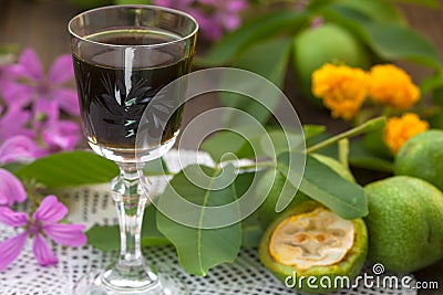 Walnut liqueur with green walnuts Stock Photo