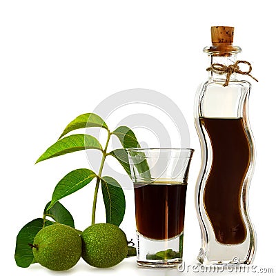 Walnut liqueur isolated on white background Stock Photo