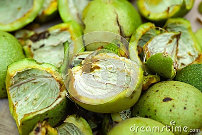 Walnut skin. Walnut peel. Top view of a bunch of nut peelings Stock Photo