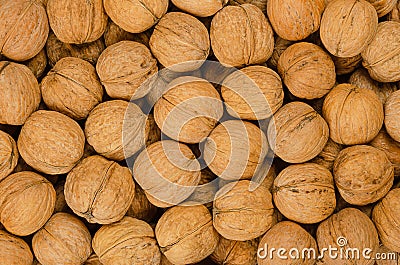 Walnuts background close up, pile of unshelled nuts Stock Photo