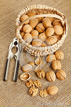 Walnuts in basket Stock Photo