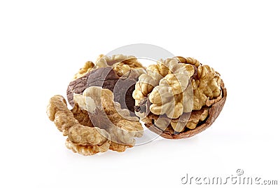 Walnuts in closeup on white background Stock Photo