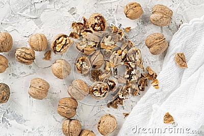 walnuts with a cracked or opened shell, vegetarian breakfast cookings Stock Photo