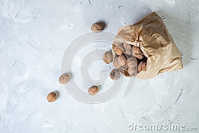 Walnuts in paper bag on gray background. Stock Photo