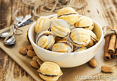 Walnuts Shape Cookies with Chocolate Filling Stock Photo