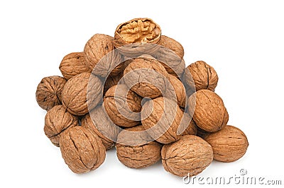 Walnuts in shell isolated on white background. Pile nuts closeup. Nuts collection Stock Photo