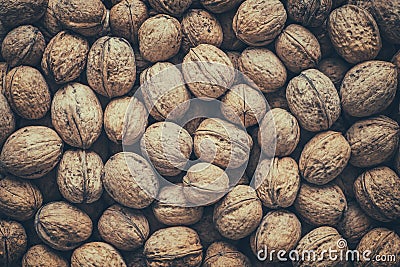 Walnuts, top view. Retro toned. Stock Photo