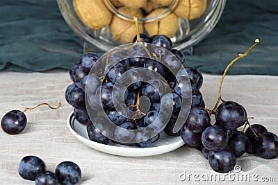 Bunches of blue grapes with walnuts behind Stock Photo