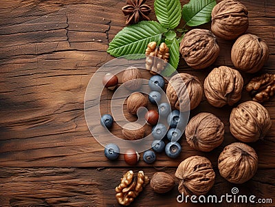 walnuts wooden background top view Cartoon Illustration