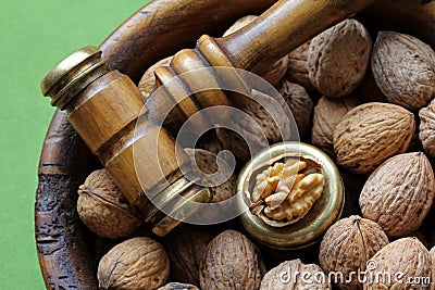 Walnuts in a wooden bowl Stock Photo