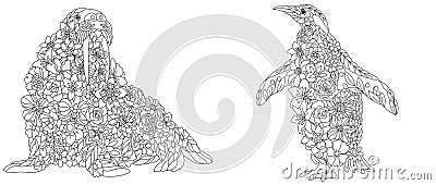 Walrus and penguin coloring pages Vector Illustration