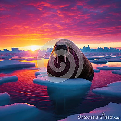 Walrus reclines on ice sheet with glorious sunset as backdrop Stock Photo