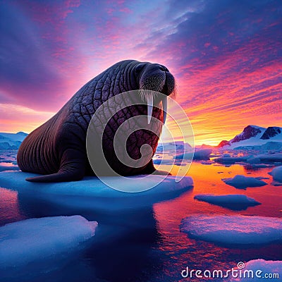 Walrus reclines on ice sheet with glorious sunset as backdrop Stock Photo