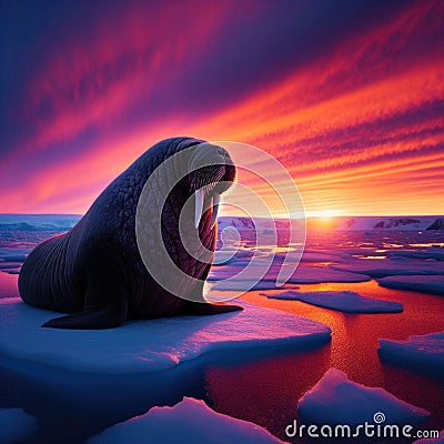 Walrus reclines on ice sheet with glorious sunset as backdrop Stock Photo