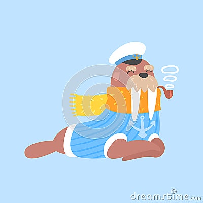 Walrus Smoking Pipe In Captain Outfit, Arctic Animal Dressed In Winter Human Clothes Cartoon Character Vector Illustration