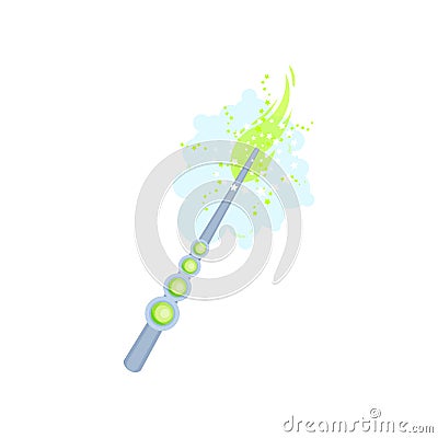 Wand with gemstones and magical dust. Blue stick with magical power. Flat vector for children story book Vector Illustration