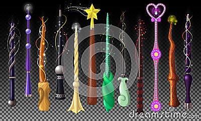 Wand vector magic stick miracle fantasy magician wizard object illustration magical set of fairytale symbol with star Vector Illustration