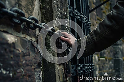 wanderer touching the castles old chain gate mechanism Stock Photo