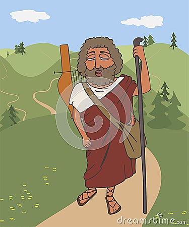 Wandering ancient greek bard Homer cartoon Vector Illustration