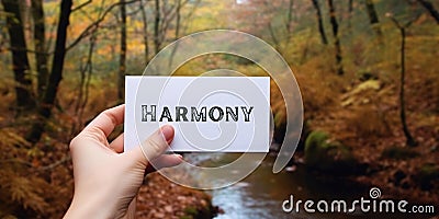 Motivational inspiring hand holding word card harmony in woods Stock Photo