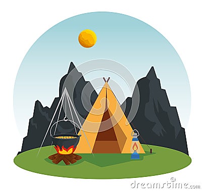 wanderlust adventure with camp and firewood food Cartoon Illustration