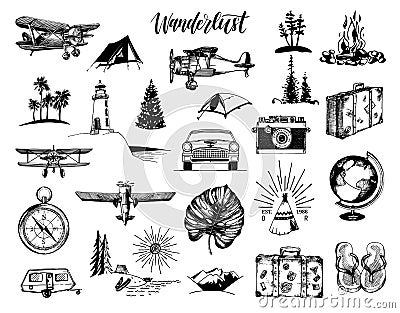 Wanderlust hand lettering in vector. Travel icons set. Drawn illustrations collection. Outdoor adventures symbols. Vector Illustration