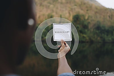 Wanderlust text in nature travel and modern trend concept Stock Photo