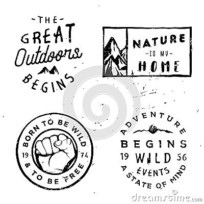 Wanderlust vector logotypes, adventure badges in vintage style Vector Illustration