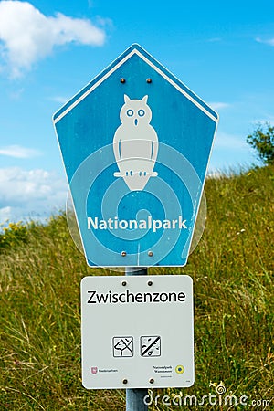 WANGEROOGE, GERMANY. 04th July 2017: View of the sign of the nature reserve wadden sea Editorial Stock Photo