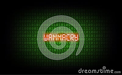 The wannacry virus is among green binary code and ransomware, virus computer attack Vector Illustration