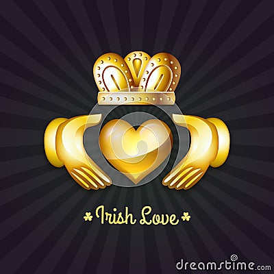 St. Patrick`s Day Irish Love and Friendship Golden Claddagh Design Vector Illustration