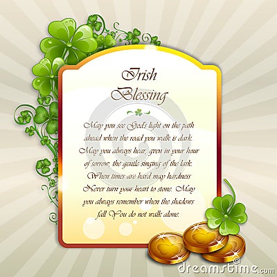March 17 St. Patrick`s Day Irish Blessing Shamrocks and Gold Coins Vector Illustration