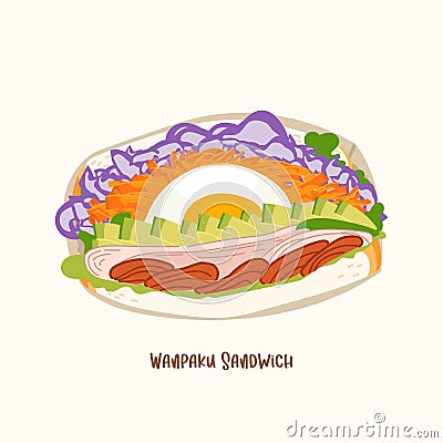 Wanpaku sando japanese sandwich with egg, cabbage, bacon and avocado. Vector asia fast food illustraton isolated on white Vector Illustration