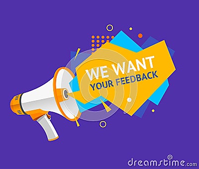 We Want Feedback Concept Ad Poster Card with Abstract Memphis Style Element. Vector Vector Illustration