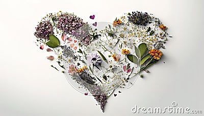 Heart made of flowers on white background Stock Photo