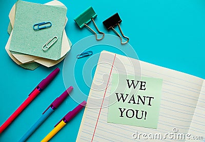 WE WANT YOU CONCEPT. Office workplace top view, copy space. Flat lay office table desk.Labor market concept. Job vacancy,new Stock Photo