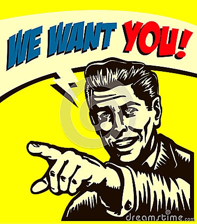 Want you! Retro businessman with pointing finger, job vacancy we're hiring now sign, comic book style illustration Vector Illustration