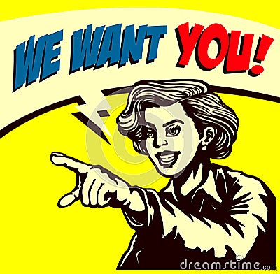 Want you! Retro businesswoman pointing finger, we're hiring sign comic book style illustration Vector Illustration