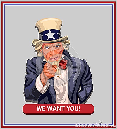 We want you! slogan with uncle sam in american vintage poster concept in cartoon illustration vector Vector Illustration