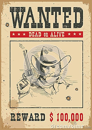 Wanted poster.Vector western illustration with bandit man and gun Vector Illustration