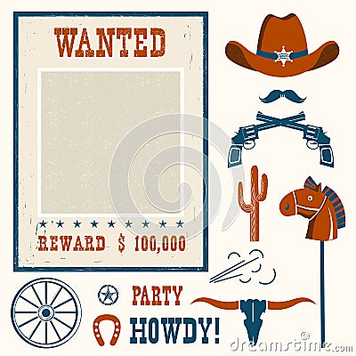 Wanted poster for cowboy party . Vector Illustration