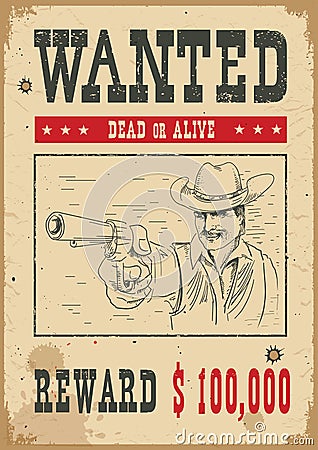 Wanted poster.Vector western illustration with bandit man and gun Vector Illustration