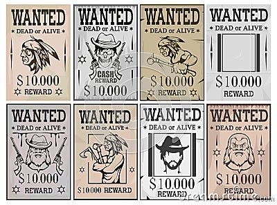 Wanted poster. Wanted, dead or alive. Vintage Western poster. Vintage paper. Bandit wanted for reward. Cowboy. Skull in hat. Vector Illustration